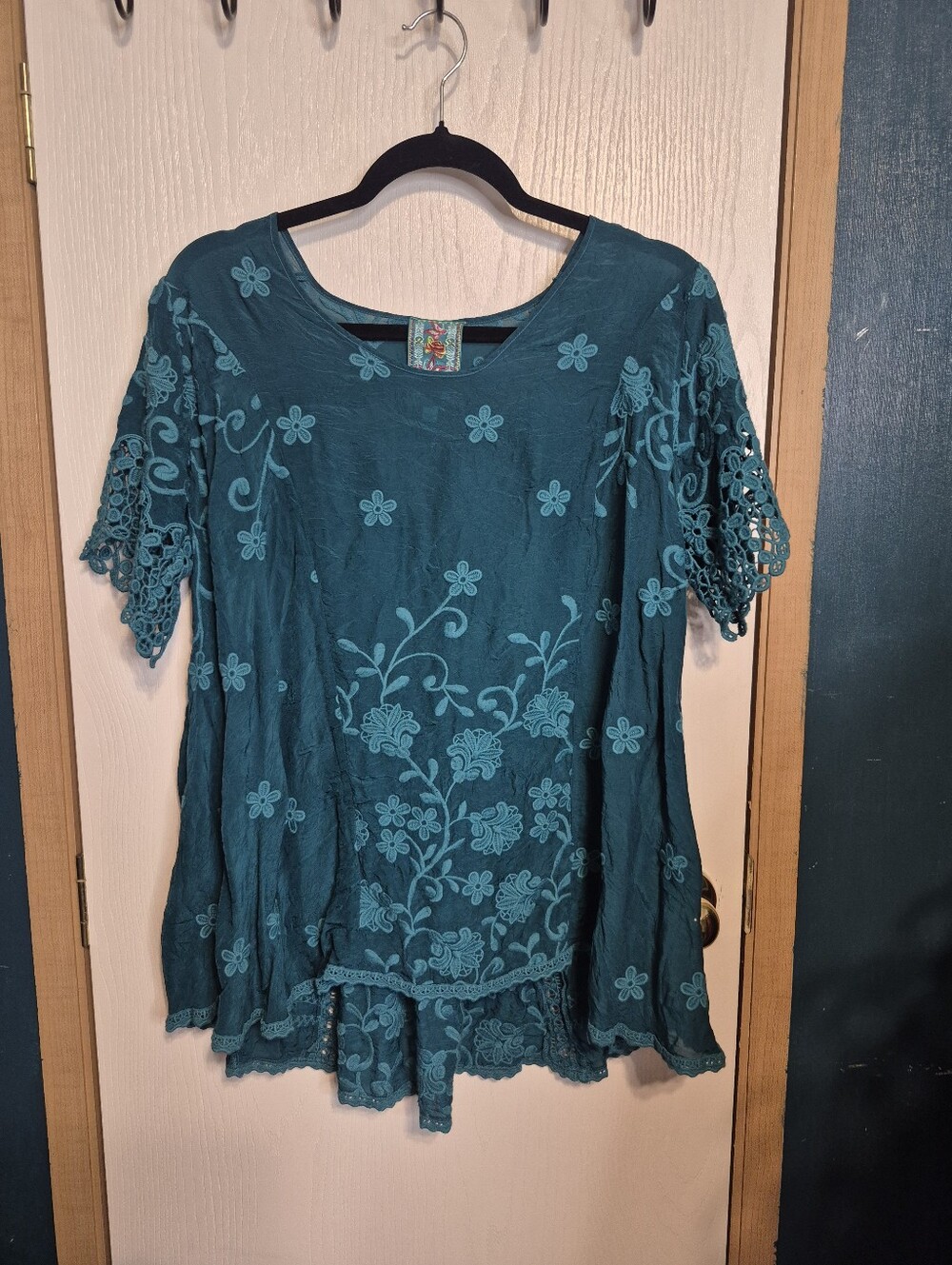 Johnny was Teal Floral Embroidered Women's Tunic Top